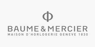 Logotypen för Baume & Mercier i grå färg på en vit bakgrund.
