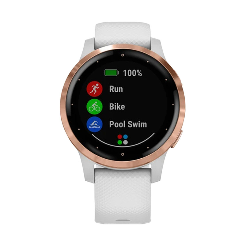 Garmin smartwatch i roséguld med vitt armband i silikon med roséfärgade detaljer. Urtavlan är svart med vita detaljer och klockslag.
