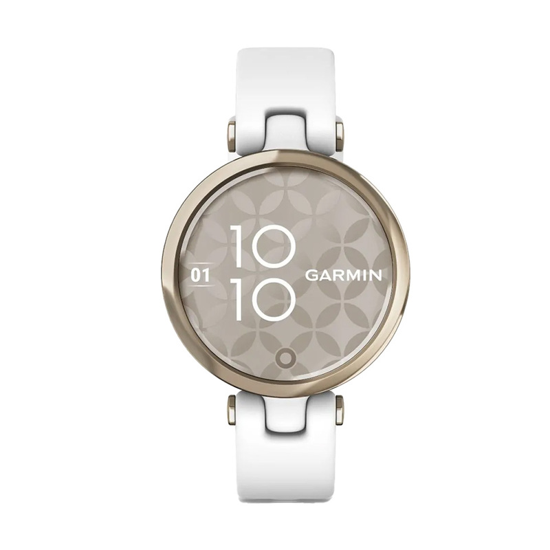 Garmin smartwatch i guld med ett vitt armband i silikon och guldiga detaljer. Urtavlan är beige med mönster och mätartalen är vita.
