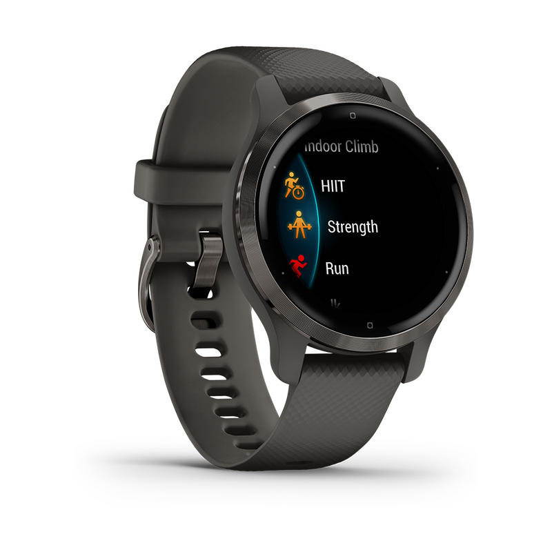 Garmin smartwatch i svart med ett svart armband i silikon. Urtavlan är svart med mätartal i vitt, blått, rött och orangea
