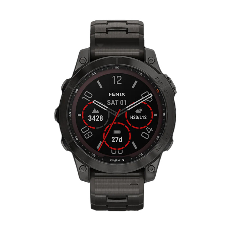 Garmin smartwatch i rostfritt stål med länkarmband. Urtavla i svart med mätartal över träning, puls & sömn i flera olika färger.
