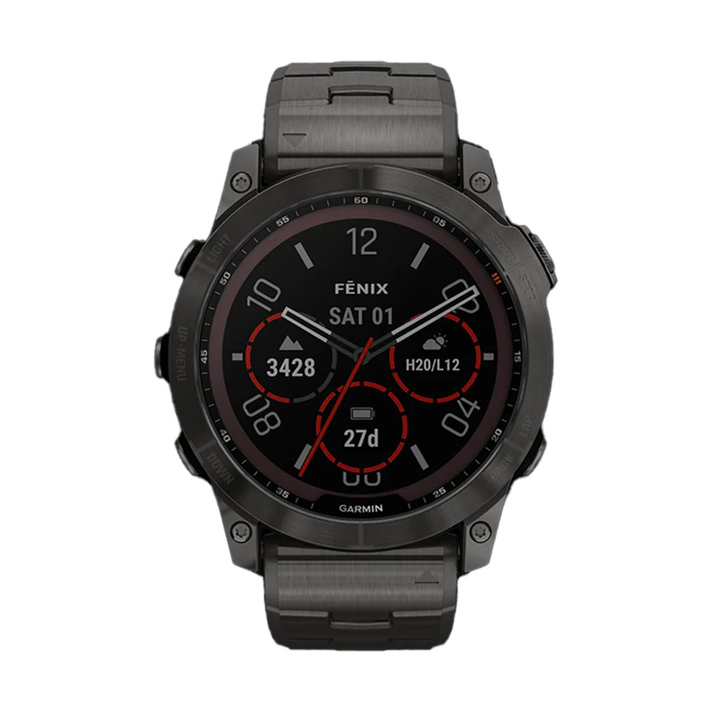 Garmin smartwatch i rostfritt stål med länkarmband. Urtavla i svart med mätartal över träning, puls & sömn i flera olika färger.
