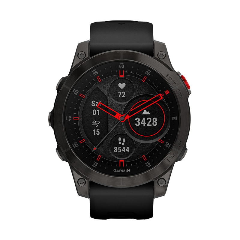 Garmin smartwatch i svart med ett svart armband i silikon. Urtavlan är svart med mätartal i röd, blå, grön, orange och turkost.
