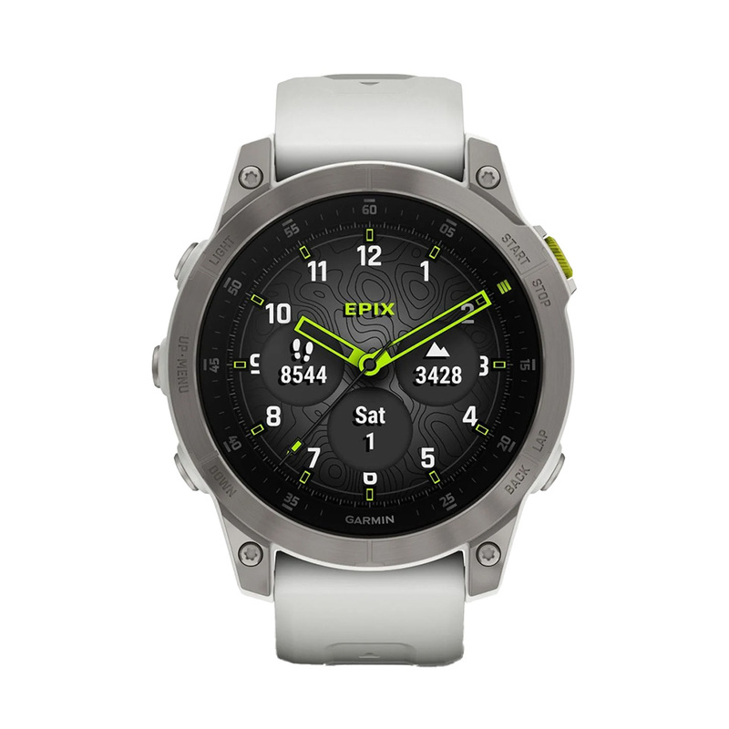 Garmin smartwatch i rostfritt stål med ett vitt armband i silikon. Urtavlan är svart med mätartal i grön, blå, röd, orange och turkost.
