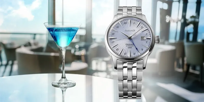 Seiko Presage Cocktail Time med ljusblå urtavla och GMT automatverk