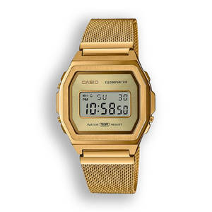 En guldfärgad Casio vintage-klocka med digital display och ett mesh-armband.