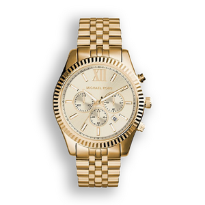 En Michael Kors damklocka helt i guld med ett länkarmband och kronografurtavla.
