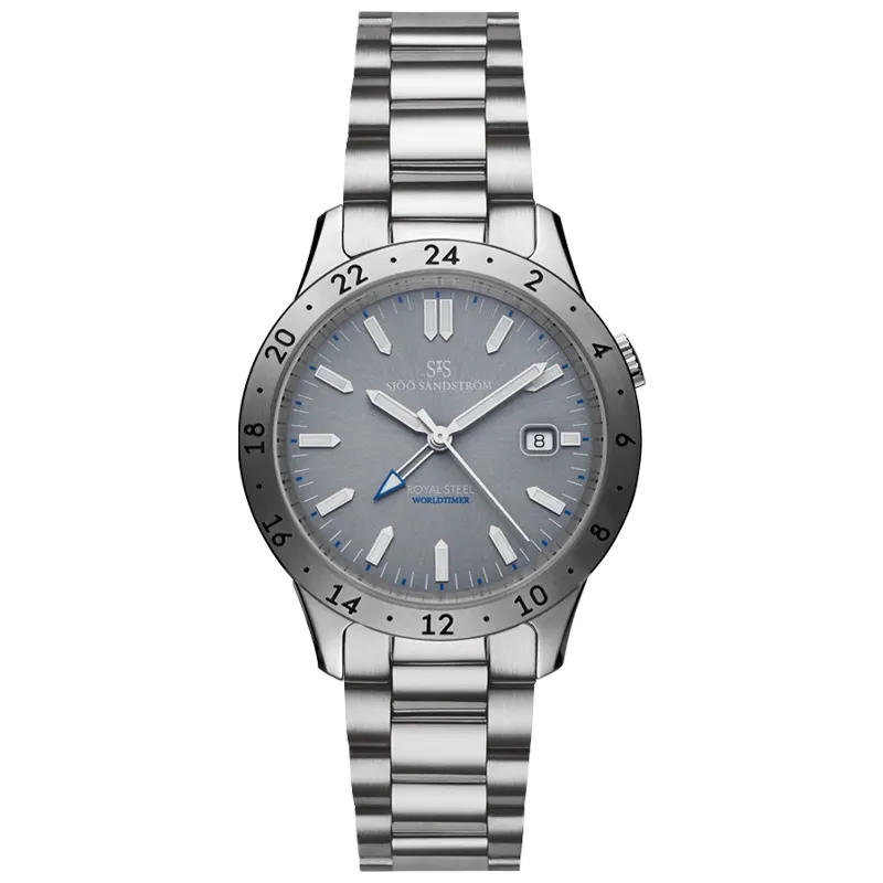 Sjöö Sandström Royal Steel Worldtimer 41mm 020036, handla denna klocka online eller i butik hos klockmaster