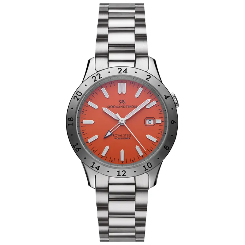 Sjöö Sandström Royal Steel Worldtimer 41mm 020104, handla denna klocka online eller i butik hos klockmaster