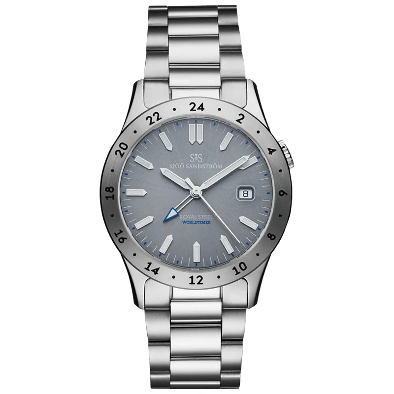 Sjöö Sandström Royal Steel Worldtimer 36mm 020500, handla denna klocka online eller i butik hos klockmaster