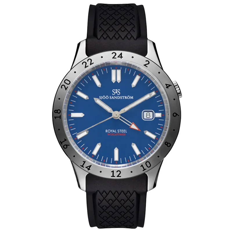 Sjöö Sandström Royal Steel Worldtimer 41mm 020791, handla denna klocka online eller i butik hos klockmaster
