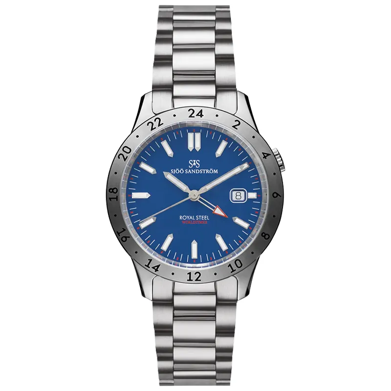 Sjöö Sandström Royal Steel Worldtimer 41mm 020807, handla denna klocka online eller i butik hos klockmaster