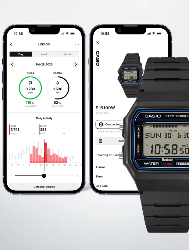 CASIO Timeless Step Tracker Bluetooth 38mm F-B100W-1AEF, klocka som du kan handla till bra pris hos oss på Klockmaster.