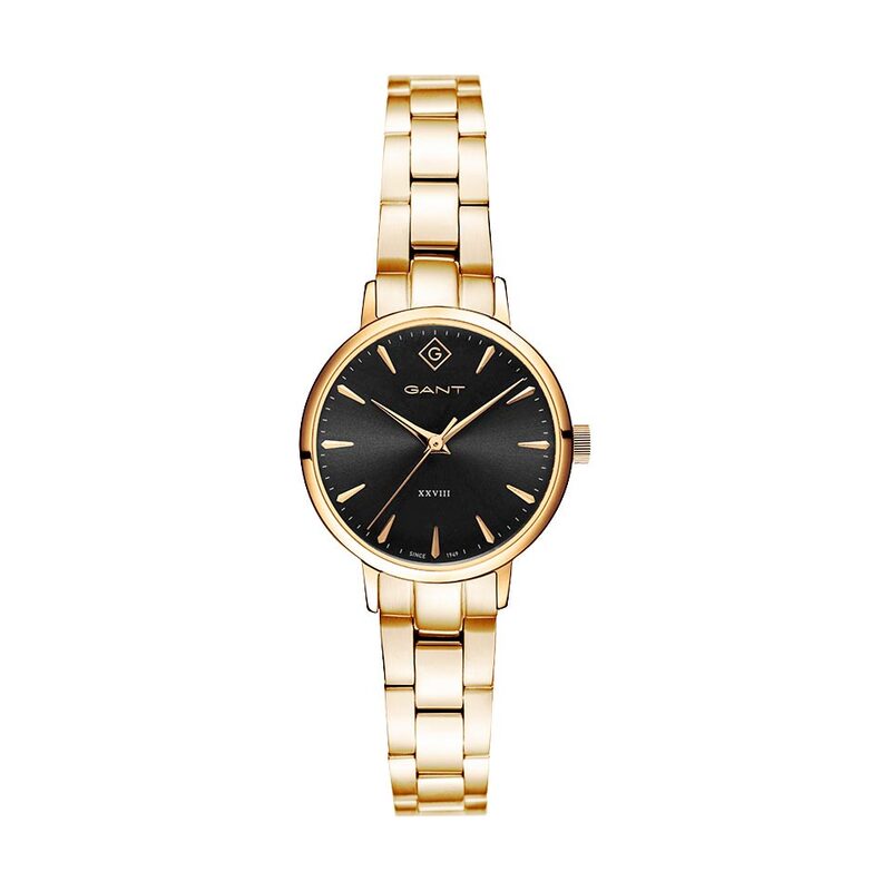 Klocka från Gant i rostfritt stål. Klockan är guldig med en svart runt urtavla med detaljer i guld.