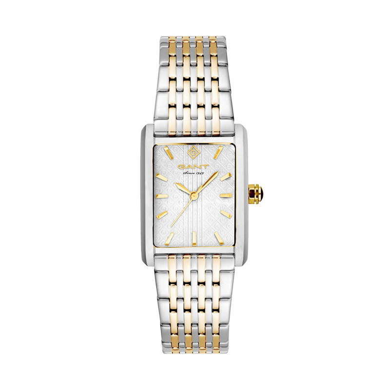 Gant klocka i rektangulär form i silvrig och guldig design. Klockans urtavla är silvrig med guldiga detaljer. 